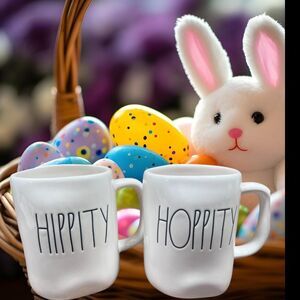 Rae Dunn HIPPITY HOPPITY 2 White Easter Mugs
